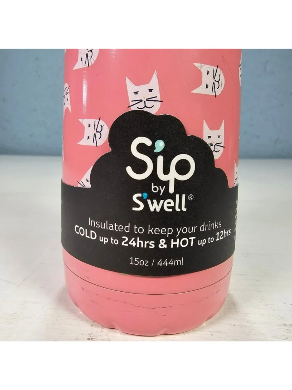 Sip By Swell 15oz Insulated Stainless Steel Water Bottle Pink Cat Kitten Print